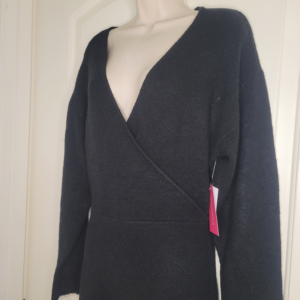 ShoeDazzle Black Faux Wrap Sweater Midi Dress